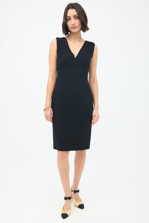 Chanel Black Wool Boucle V-Neck Sheath Dress