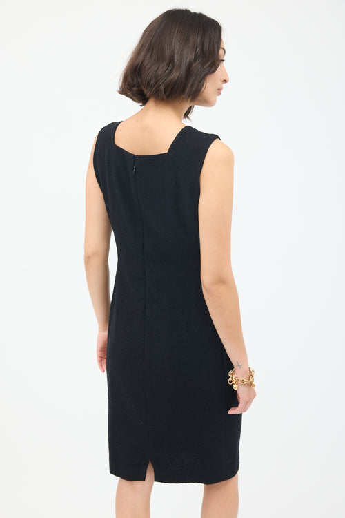 Chanel Black Wool Boucle V-Neck Sheath Dress