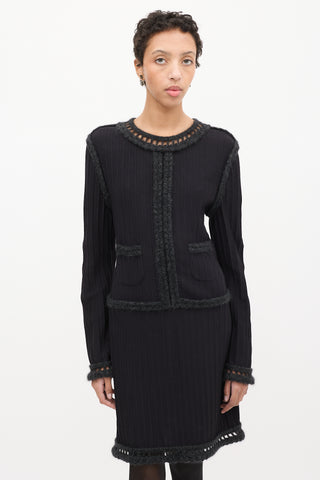 Chanel Black Wool Lattice Trim Midi Dress