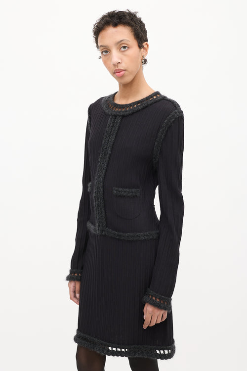 Chanel Black Wool Lattice Trim Midi Dress