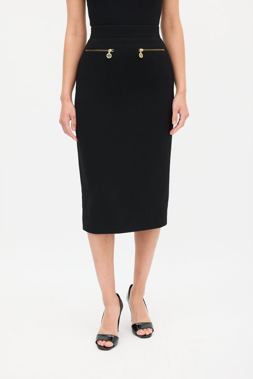 Chanel Black Zip Logo Midi Skirt