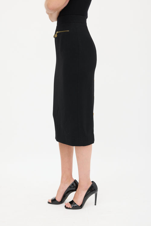 Chanel Black Zip Logo Midi Skirt