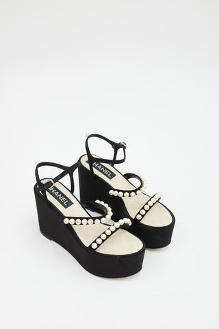 Chanel Black Canvas Pearl Embellished Platform Sandal