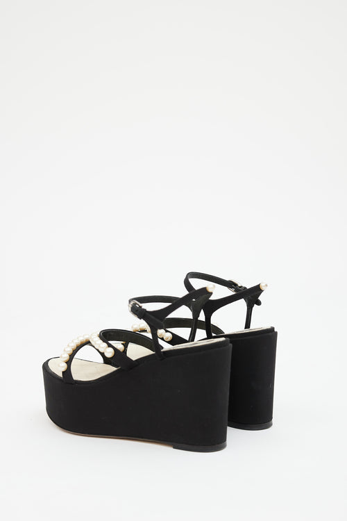 Chanel Black Canvas Pearl Embellished Platform Sandal