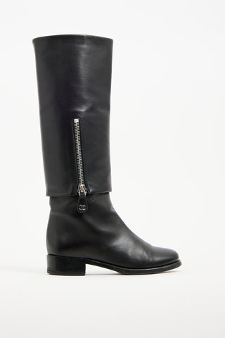 Chanel Black Leather Folded Riding Boot