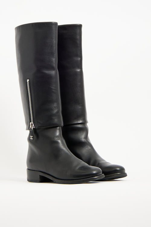 Chanel Black Leather Folded Riding Boot