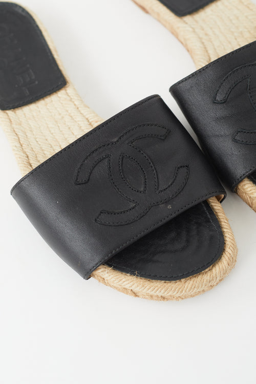 Chanel Black Leather Logo Espadrille Slide