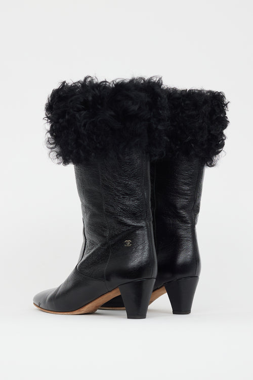 Chanel Black Patent & Shearling CC Heeled Boot