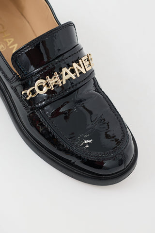 Chanel Black Patent Leather Logo Loafer