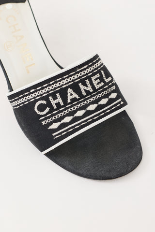 Chanel SS 2001 Black & White Embroidered Logo Mule