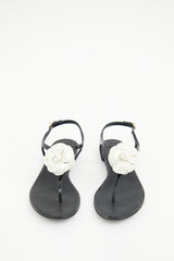 Chanel Black & White Camellia T-strap  Sandal