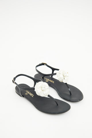 Chanel Black & White Camellia T-strap  Sandal
