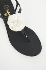 Chanel Black & White Camellia T-strap  Sandal
