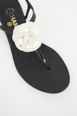 Chanel Black & White Camellia T-strap  Sandal