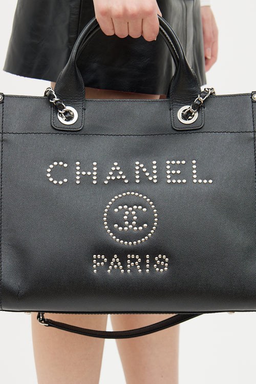 Chanel 2018 Black Caviar Studded Deauville Medium Tote Bag