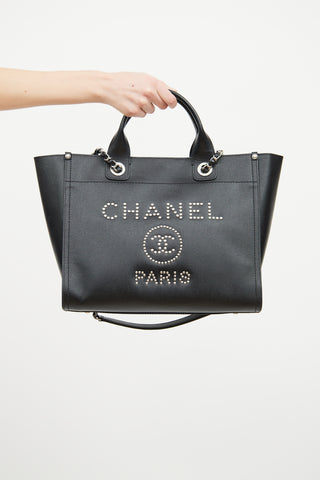 Chanel 2018 Black Caviar Studded Deauville Medium Tote Bag