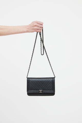 Chanel Black Calfskin Chevron Boy Wallet on Chain Bag
