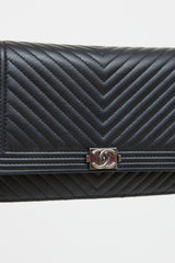 Chanel Black Calfskin Chevron Boy Wallet on Chain Bag