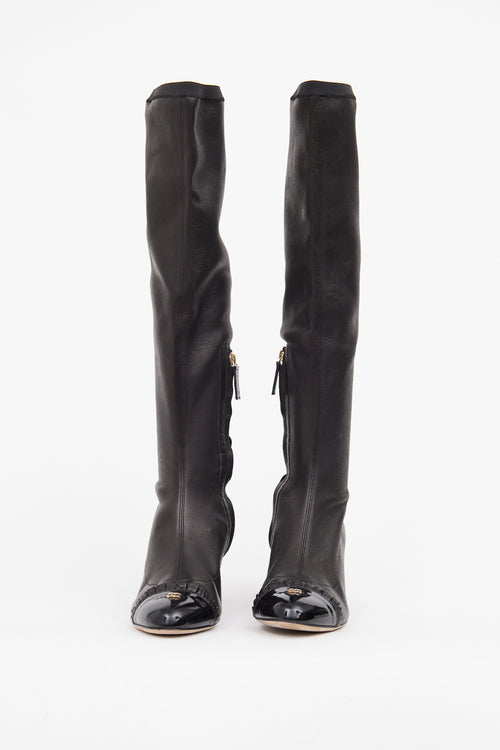 Chanel Black Leather Ruffled Knee Boot