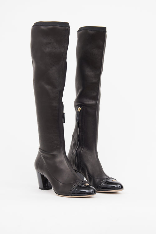 Chanel Black Leather Ruffled Knee Boot