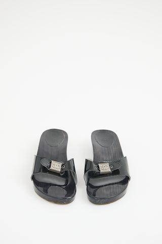 Chanel Black Patent CC Buckle Wooden Clog