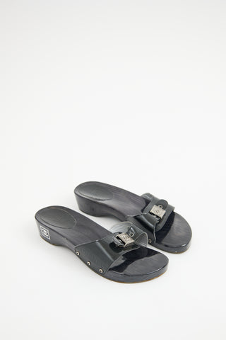 Chanel Black Patent CC Buckle Wooden Clog
