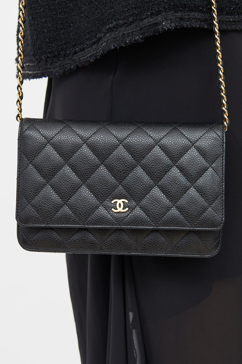 Chanel Black & Gold Quilted Caviar Wallet On Chain