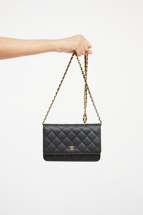 Chanel Black & Gold Quilted Caviar Wallet On Chain