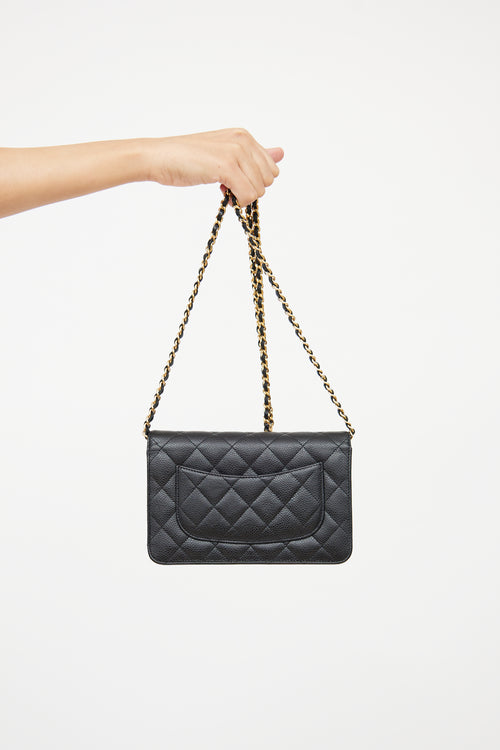 Chanel Black & Gold Quilted Caviar Wallet On Chain