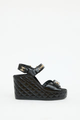 Chanel Black Leather Quilted Wedge Sandal