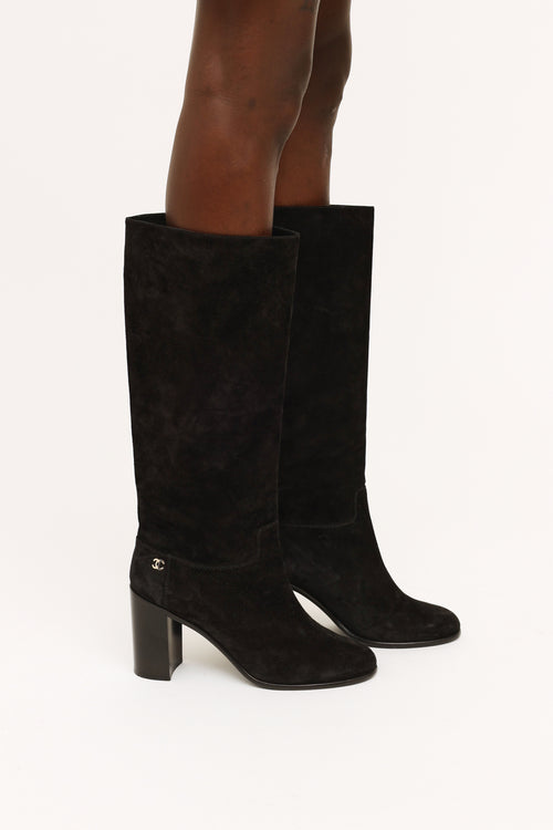 Black Suede CC Block Heel Boots