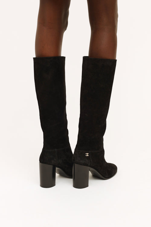 Black Suede CC Block Heel Boots