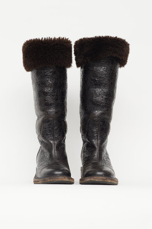 Chanel Brown Crackled Leather Fur Trim Boot