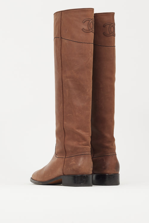 Chanel Brown Leather Logo Riding Boot