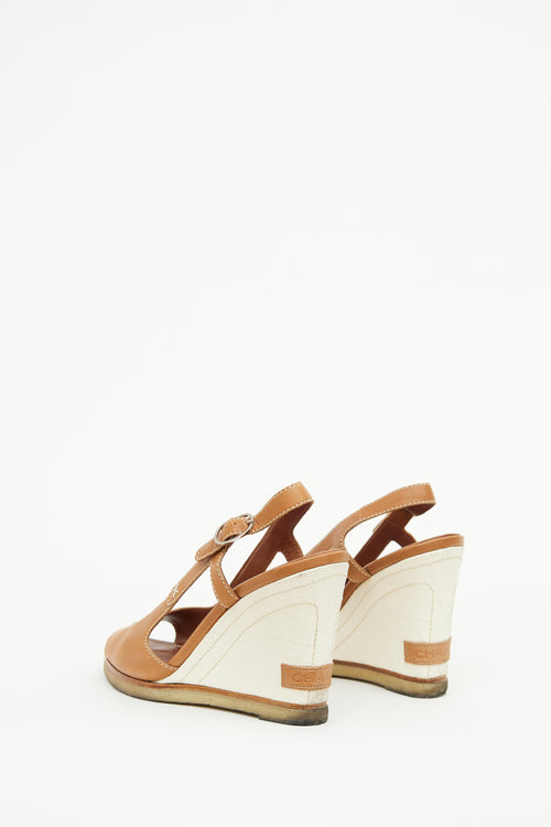 Chanel Brown Leather Canvas Wedge Sandal