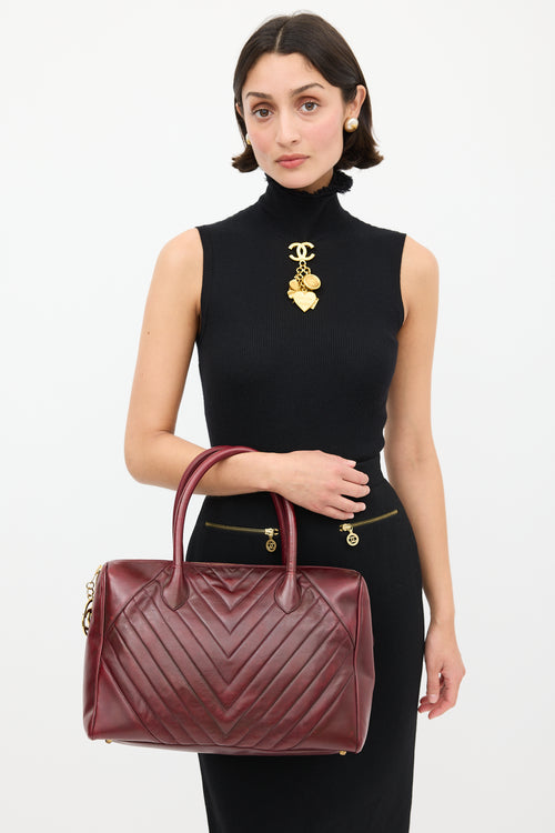 Chanel 2014 Burgundy Leather Chevron Boston Speedy Bag