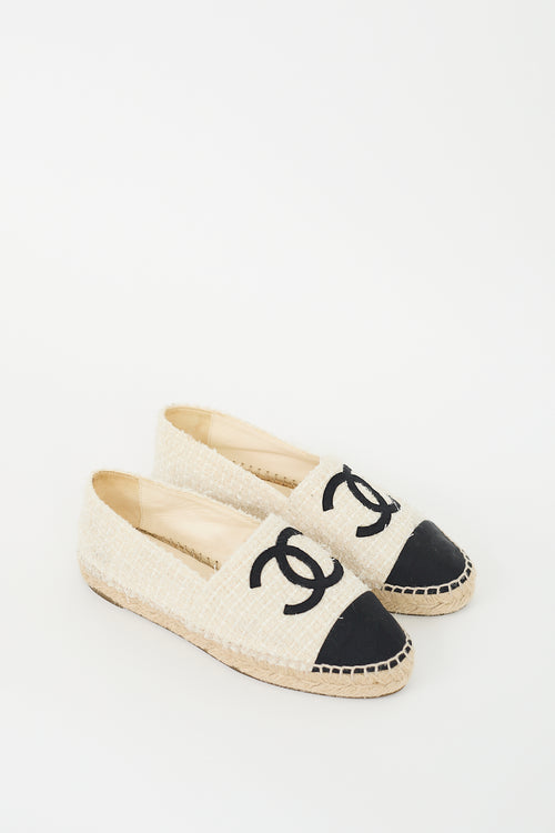 Chanel Cream & Black Tweed CC Espadrille Flat