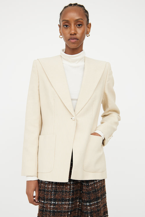 Chanel Cream & Beige Pinstripe & Pearl Blazer