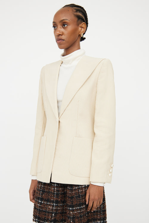 Chanel Cream & Beige Pinstripe & Pearl Blazer