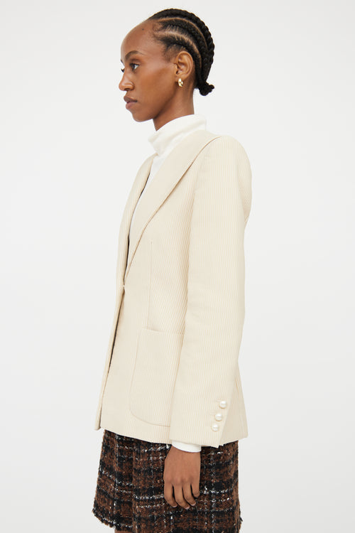 Chanel Cream & Beige Pinstripe & Pearl Blazer