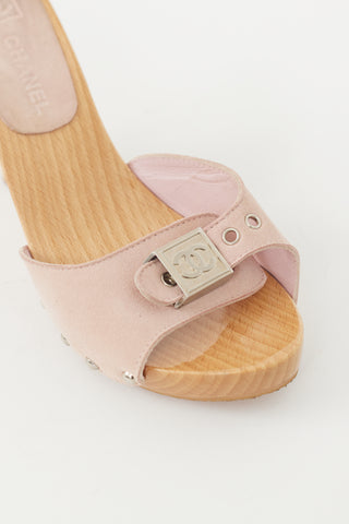 Chanel Cruise 2005 Pink & Beige Suede & Wood Mule