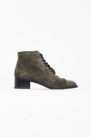 Chanel Dark Green Lace Up Ankle Boot