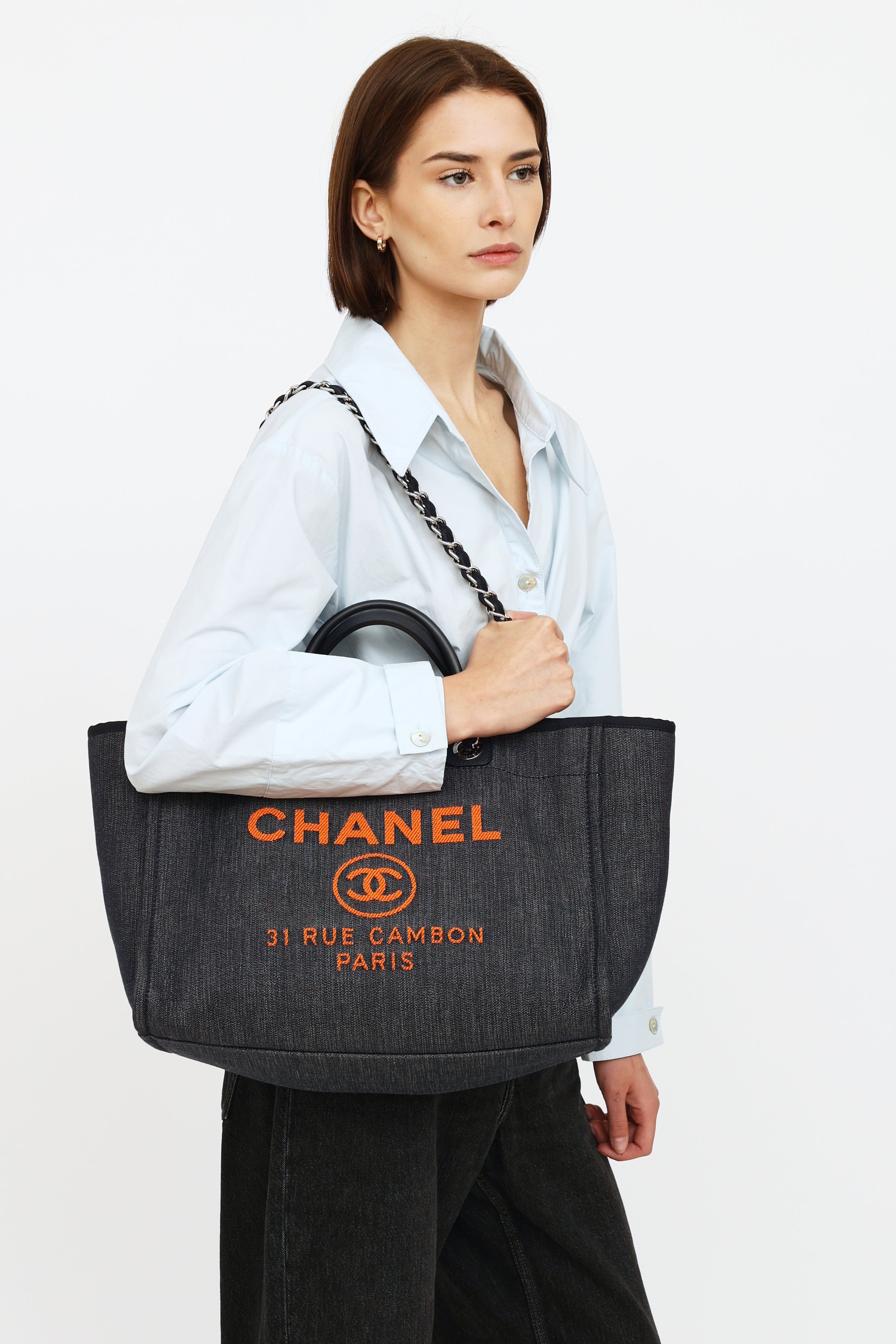Chanel Small Deauville Shopping Tote in Dark Blue Denim Fabric and LGHW