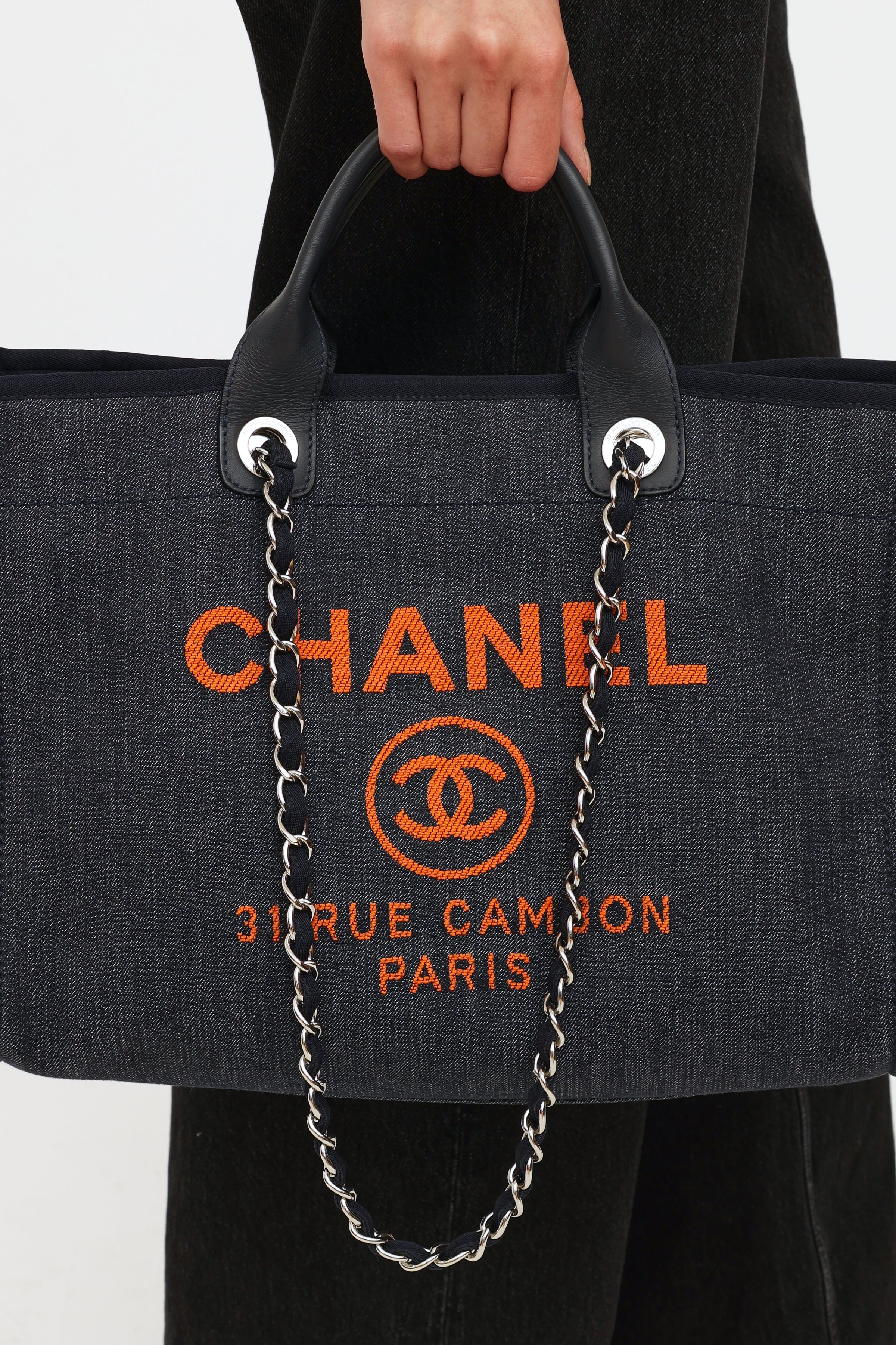 CHANEL Deauville Large Denim Tote Bag Navy Blue, Orange