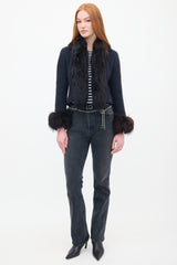 Chanel FW 2000 Navy & Brown Tweed & Fur Trim Jacket