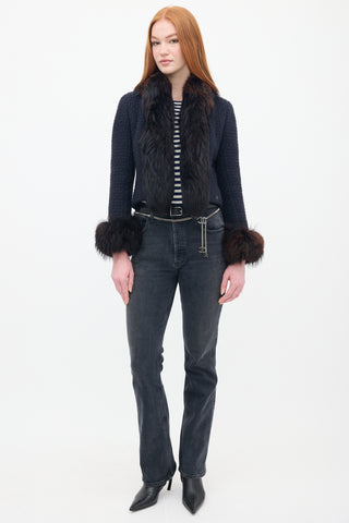 Chanel FW 2000 Navy & Brown Tweed & Fur Trim Jacket