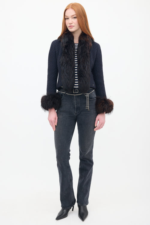 Chanel FW 2000 Navy & Brown Tweed & Fur Trim Jacket