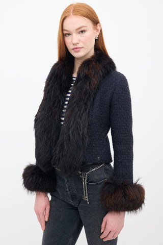 Chanel FW 2000 Navy & Brown Tweed & Fur Trim Jacket