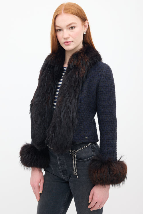 Chanel FW 2000 Navy & Brown Tweed & Fur Trim Jacket