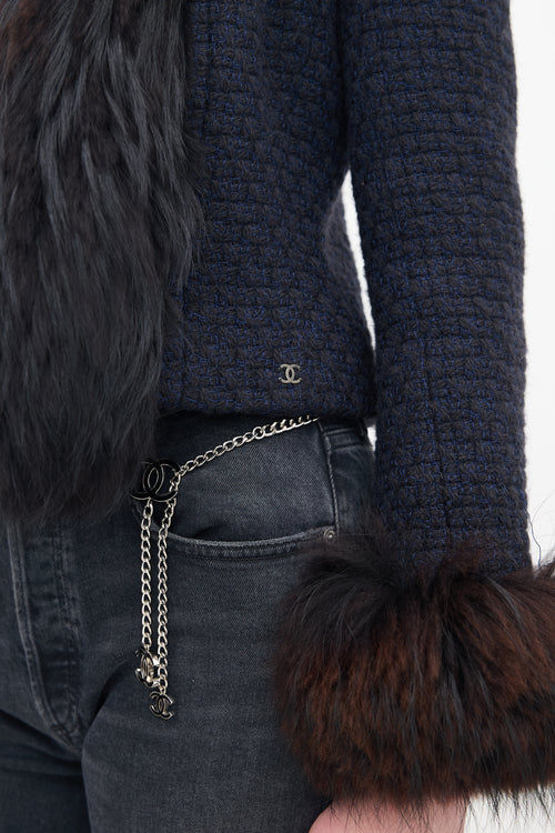 Chanel FW 2000 Navy & Brown Tweed & Fur Trim Jacket